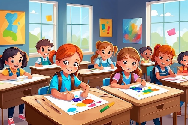 De vuelta a la escuela niños creativos felices jugando a pintar dibujando en la clase de arte Educación y disfrute Concepto