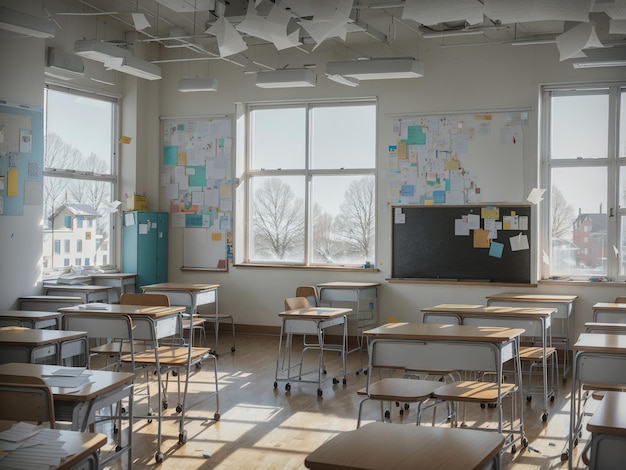 De vuelta a la escuela, un nuevo comienzo en un aula vacía de la escuela secundaria