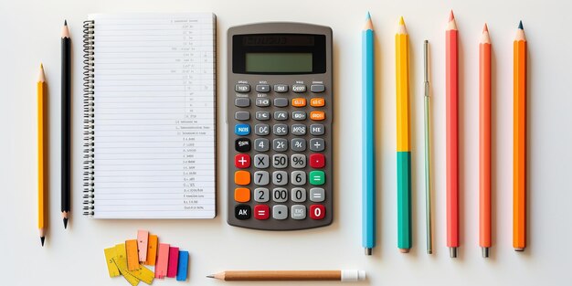 De vuelta a la escuela, el piso estaba con cuadernos multicolores, bolígrafos, reglas y calculadora en una bolsa textil blanca, suministros escolares en un fondo de marfil con espacio para copiar.