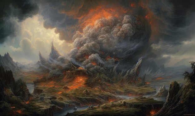 Vulcano explosión fuego humo paisaje ciudad místico cartel alienígena steampunk fondo de pantalla fantástico