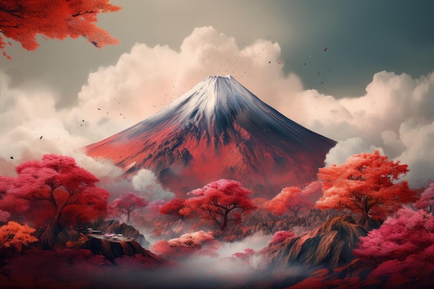 Vulcano Japón naturaleza montaña con hojas de otoño en primavera Generativo Ai