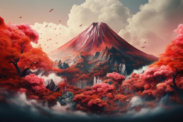 Vulcano Japón naturaleza montaña con hojas de otoño en primavera Generativo Ai