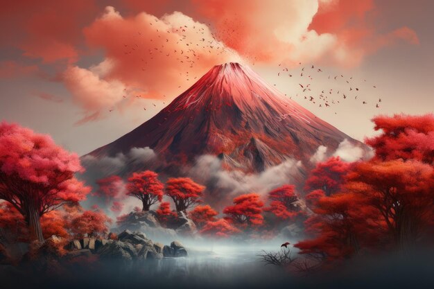 Vulcano Japón naturaleza montaña con hojas de otoño en primavera Generativo Ai