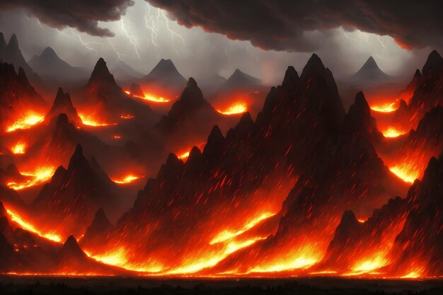 Foto vulcano szene feuer rauch beleuchtung 3d-rendering 3d-illustration