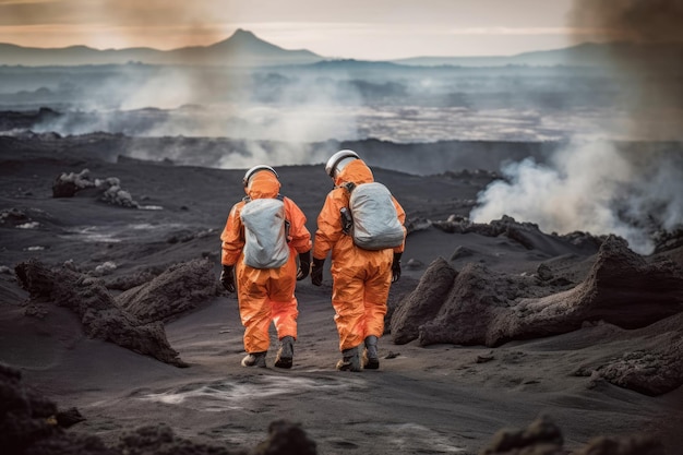 Vulcanólogos en trajes de protección contra incendios que exploran el paisaje volcánico