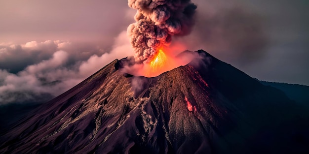 Foto vulcão com fumaça subindo e lava saindo de uma cratera vulcânica