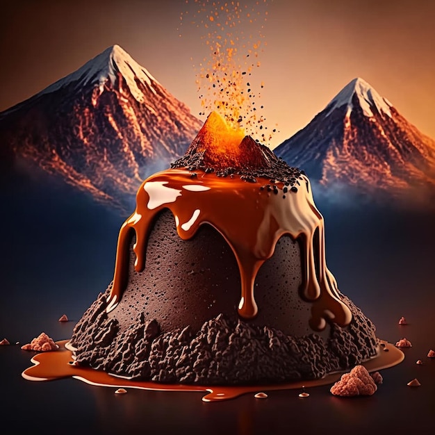 Foto vulcão de bolo de lava derretida com chocolate derretido e montanha ao fundo generative ai