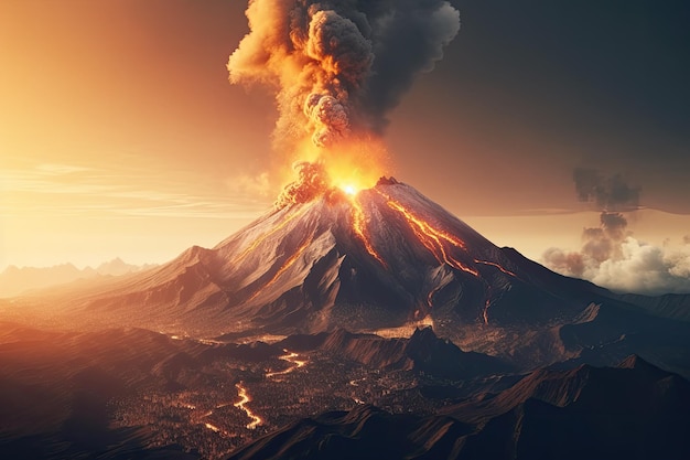 Vulcão explodindo com fumaça