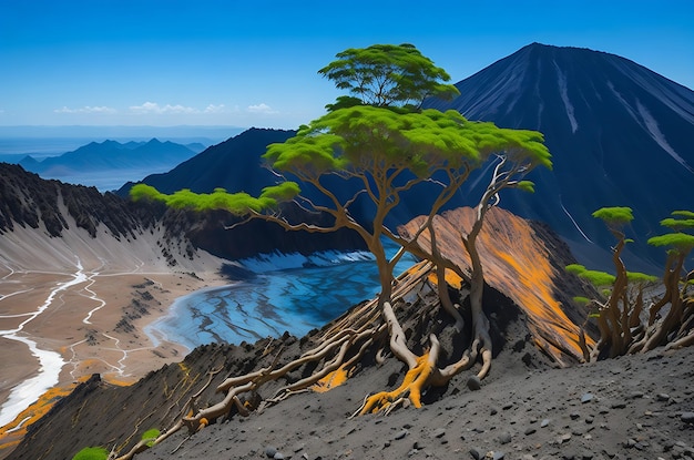 Vulcão Kawah Ijen com árvores mortas no fundo do céu azul em Java Indonésia
