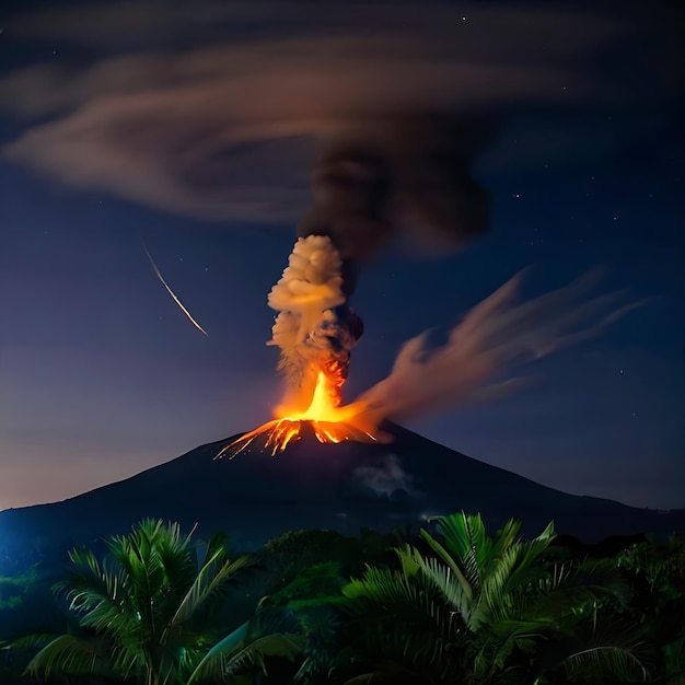 Vulcões em erupção à noite na presença da lua gerada pela IA