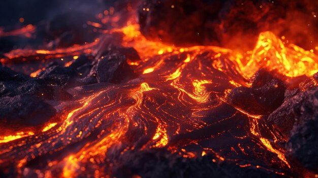 Vulkan ausbrechen in der Nacht feurige Lava-Fluss Vulkan ausbruch Nacht Lava-Flüsse Detail Magma gefährlich v