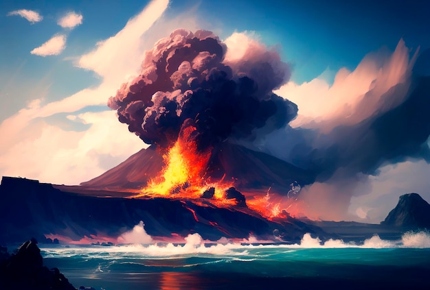 Vulkanausbruch auf der Inselillustration Blauer Himmel und Wasser Ozean Meer Generative KI