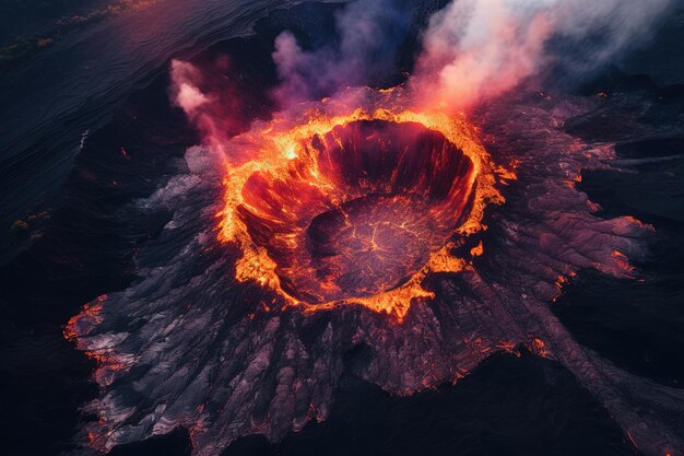 Vulkanausbruch aus der Vogelansicht Vulkankrater und Magmafluss von oben geschossen von Generted AI