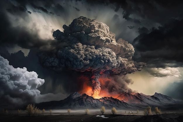 Vulkanausbruch Der Vulkan Ai bricht mit heißem Lavafeuer und Rauchwolken aus