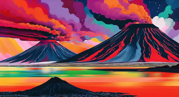 Vulkanausbruch Rauchlandschaften digitale Malerei Illustration Ai generiert für Leinwandwandkunst