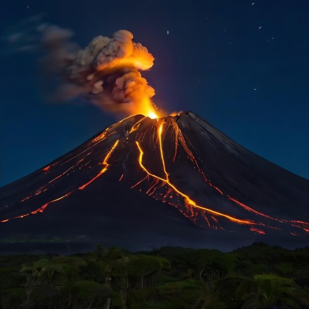 Vulkane, die nachts in Anwesenheit des von KI erzeugten Mondes ausbrechen