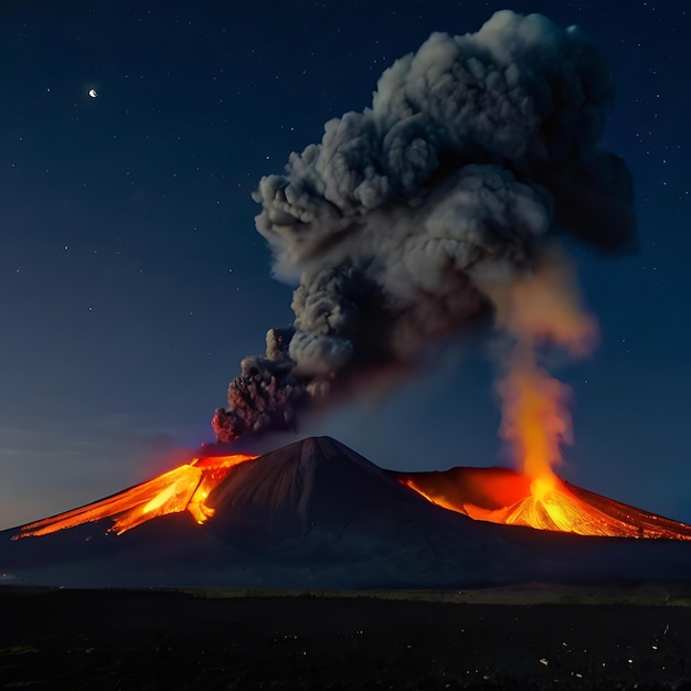 Vulkane, die nachts in Anwesenheit des von KI erzeugten Mondes ausbrechen