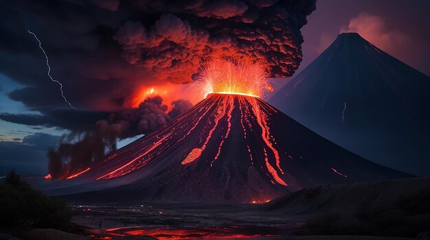 Foto vulkanexplosion in einer gewitternacht