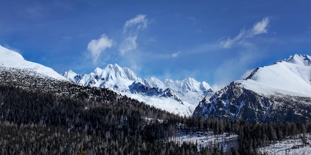 Vysoke Tatry-Panorama an einem sonnigen Frühlingstag. Gipfel "Kopky, Tazky stit, Vysoka, Draci stit und Ganek" sichtbar unter Schnee bedeckt. Strbske pleso, Slowakei.