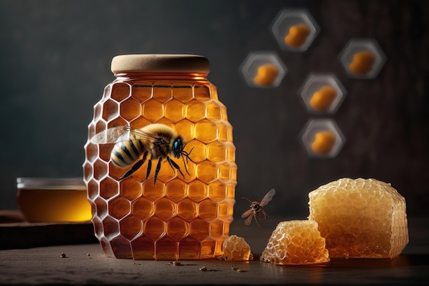 Wabe mit Bienen und Glas Honig AI generiert