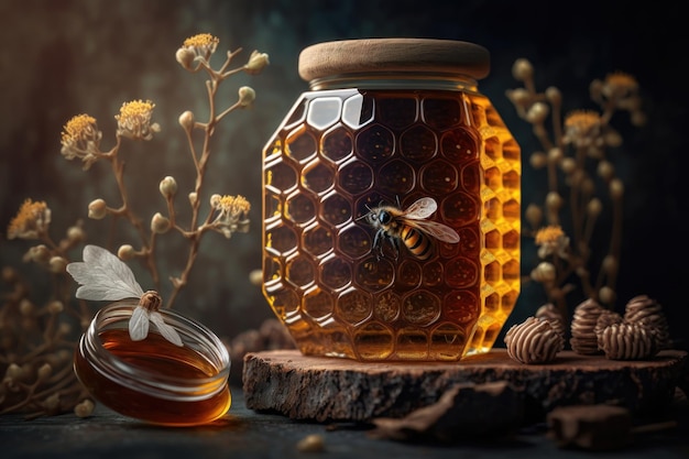 Wabe mit Bienen und Glas Honig AI generiert