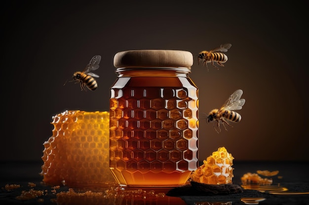 Wabe mit Bienen und Glas Honig AI generiert