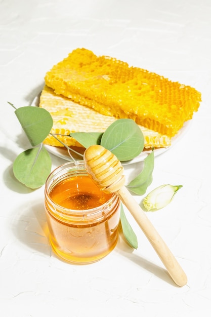 Waben, Honig und Bienenwachs. Natürliche Bio-Imkereiprodukte für einen gesunden und schönen Lebensstil. Hartes Licht, dunkler Schatten, weißer Putzhintergrund, Nahaufnahme