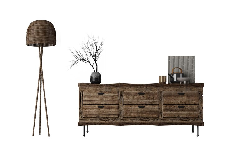 Wabi sabi mesa de madera y lámpara de piso aislada renderización 3d