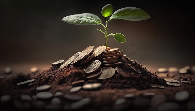 Wachsende Geldpflanze auf Münzen Finanz- und Investitionskonzept Generative ai