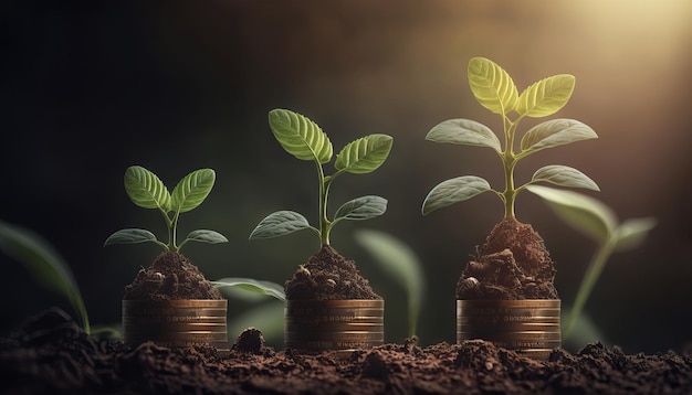 Wachsende Pflanzen auf Münzen, die auf grünen unscharfen Hintergründen und natürlichem Licht mit Finanzideen gestapelt sind Generative ai