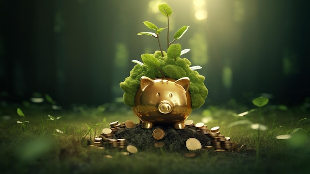 Wachsende Sparzinserträge und Investitionswachstum mit grünen Pflanzen und Münzen