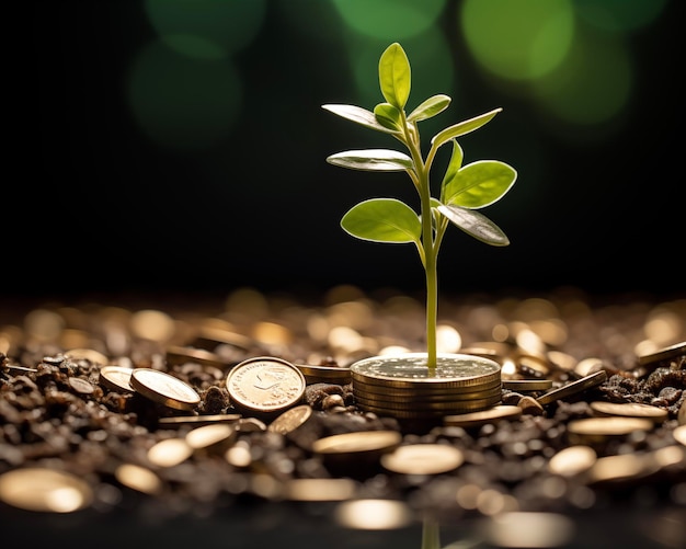 Wachstum Investitionen Pflanzen, die aus Münzen sprießen Konzept nachhaltiger Investitionen Finanzielles Wachstum