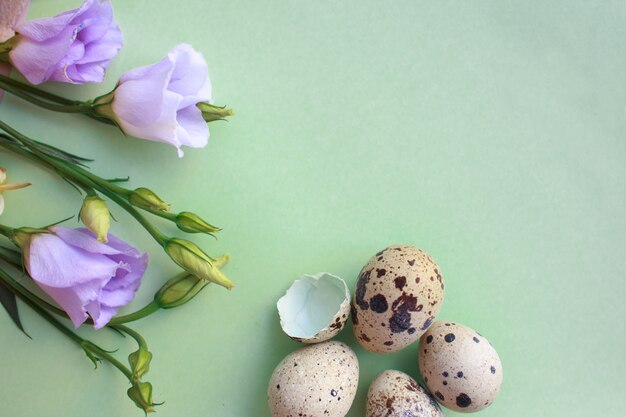 Wachteleier und ein Strauß Frühlingsblumen