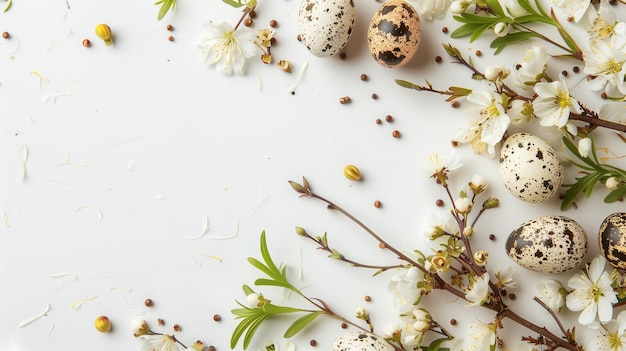 Wachteleier und Frühlingsblumen auf weißem Hintergrund