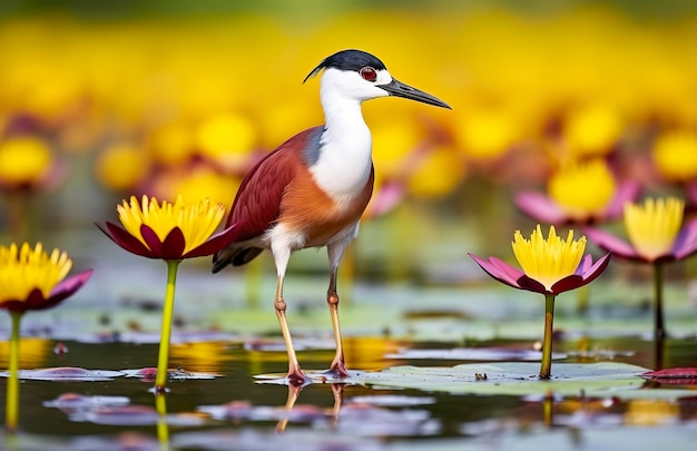 Wader africano colorido com dedos longos ao lado do nenúfar violeta na água Generative AI