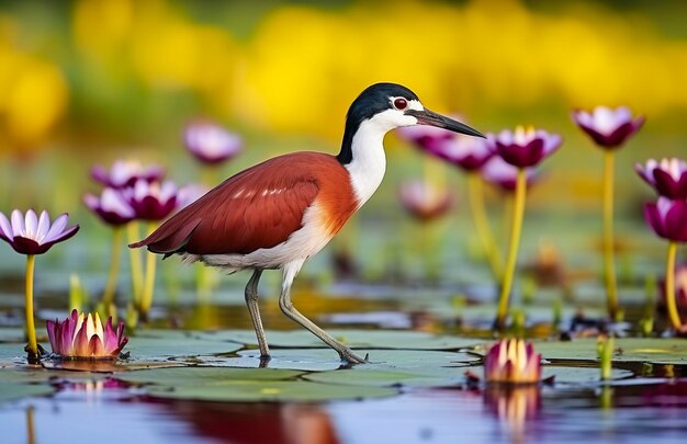 Wader africano colorido com dedos longos ao lado do nenúfar violeta na água Generative AI