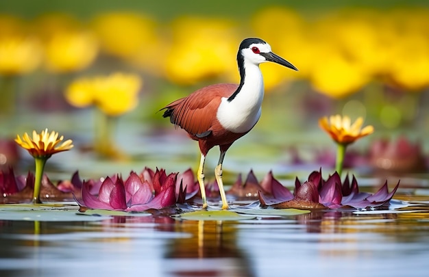 Wader africano colorido com dedos longos ao lado do nenúfar violeta na água Generative AI