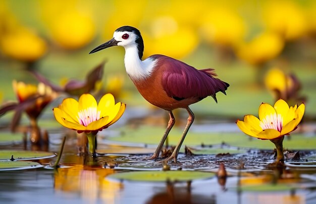 Wader africano colorido com dedos longos ao lado do nenúfar violeta na água Generative AI