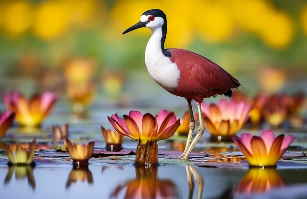 Wader africano colorido com dedos longos ao lado do nenúfar violeta na água Generative AI