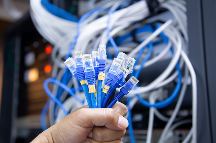 Foto wählen sie den rj45-kopf des utp-lan-kabels und viele netzwerkkabel.