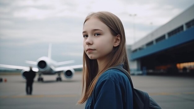 Während das Flugzeug abhebt, wartet das Mädchen in der Nähe. Die Passagiere des Fluges steigen mit Generative AI und einem jungen Passagier am Flughafen ein