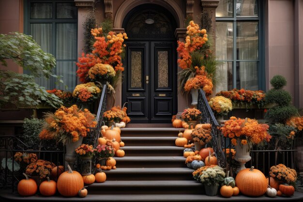 Während der Herbstsaison in New York City wird eine charmante Brownstone-Residenz mit lebhaften Häusern geschmückt ...
