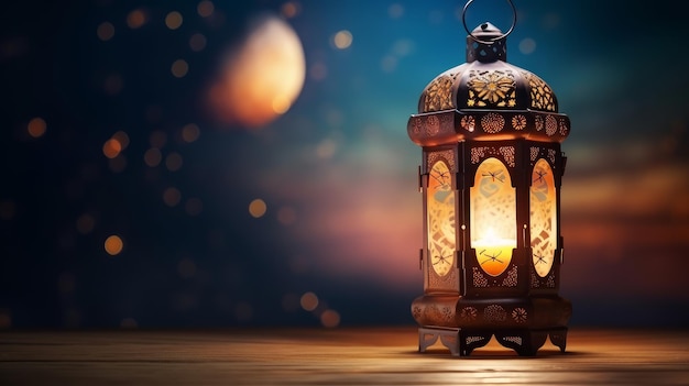 Während des muslimischen Fastenmonats Ramadan Kareem sorgt eine dekorative arabische Laterne mit einer brennenden Kerze am Abend für ein warmes Licht