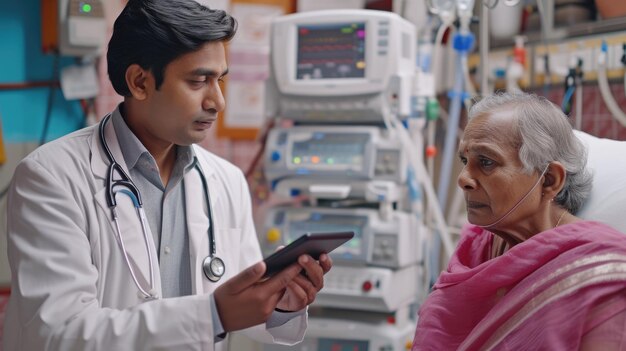 Während eines Besuchs in einem Krankenhaus spricht ein Arzt mit einer Tablette mit einem männlichen Dialysepatienten.