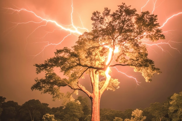Während eines Gewitters schlägt ein Blitz in einen Baum ein