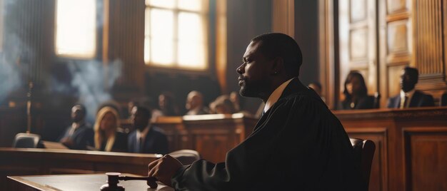 Foto während er einen hammer schlägt, beginnt der afroamerikanische richter des obersten bundesgerichts die anhörung des zivilprozesses, während das publikum auf den bänken zuhört.