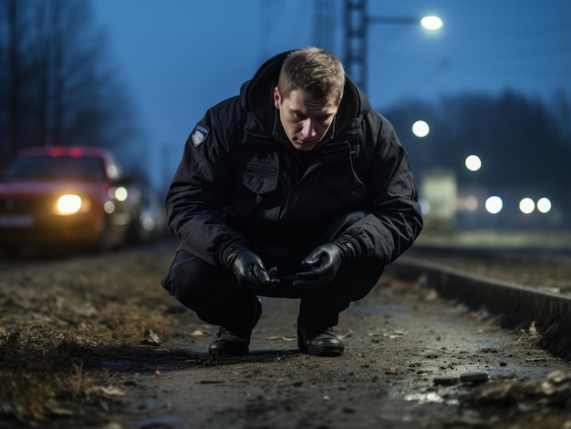 Während seiner Ermittlungen untersucht der Polizist den Tatort akribisch auf Beweise