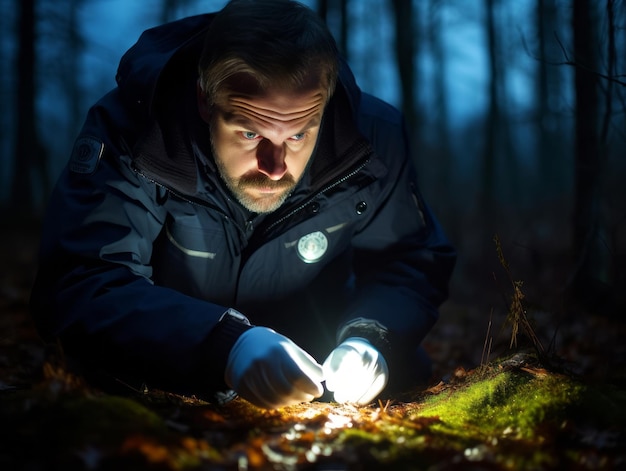 Während seiner Ermittlungen untersucht der Polizist den Tatort akribisch auf Beweise