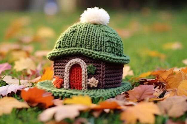 Foto wärme inmitten des herbstteppichs ein kräftiger strickhut schmückt ein kleines spielzeughaus auf einem blattbedeckten gre