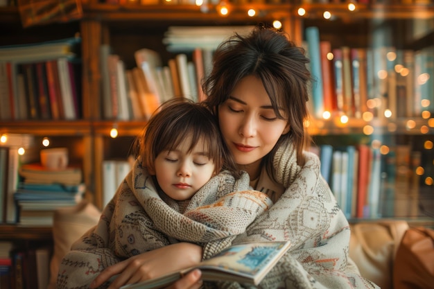 Wärme und Zärtlichkeit der Mutter mit der liebevollen Umarmung des Kindes in der gemütlichen Atmosphäre der Heimbibliothek